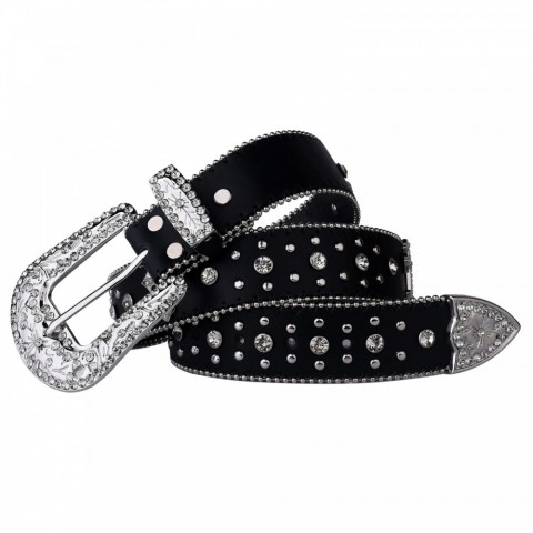Black PU Narrow Belt with Golden Rivet Buckle for Men