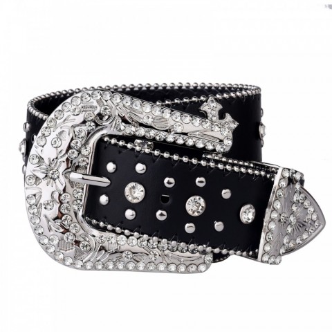 Black PU Narrow Belt with Golden Rivet Buckle for Men