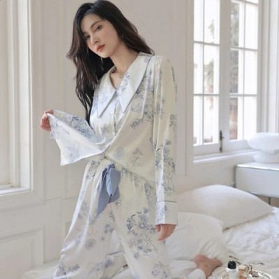 Silk and Satin Women's Sleepwear Set - Fresh Blue and White Long Sleeved Pants for Comfortable Spring and Summer Wear