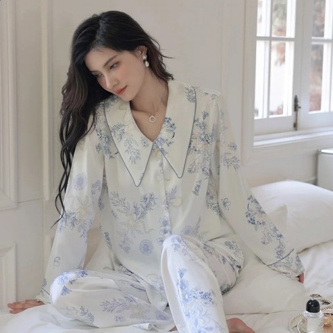 Silk and Satin Women's Sleepwear Set - Fresh Blue and White Long Sleeved Pants for Comfortable Spring and Summer Wear