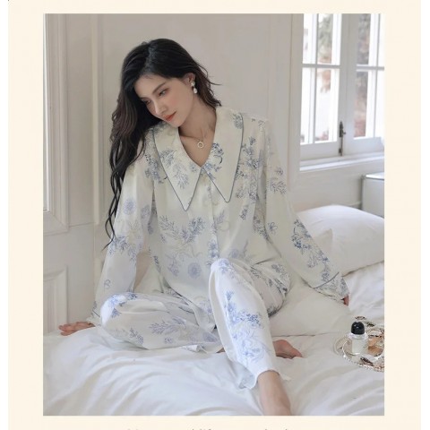 Silk and Satin Women's Sleepwear Set - Fresh Blue and White Long Sleeved Pants for Comfortable Spring and Summer Wear