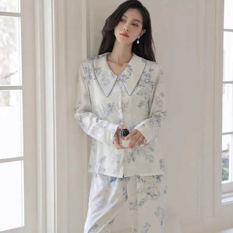 Silk and Satin Women's Sleepwear Set - Fresh Blue and White Long Sleeved Pants for Comfortable Spring and Summer Wear
