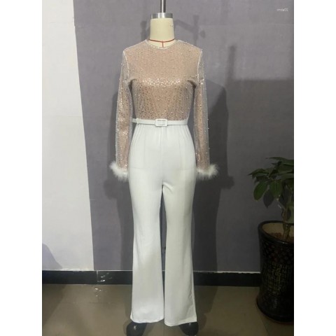 Women's Elegant White Bodycon Jumpsuit with Sequins by Lugentolo