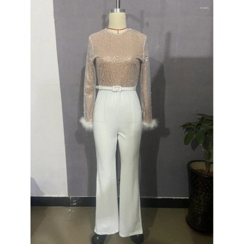 Women's Elegant White Bodycon Jumpsuit with Sequins by Lugentolo