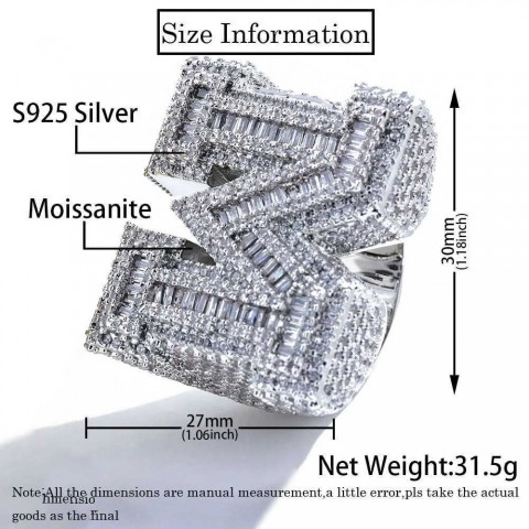 Top Quality VVS Letter M Full Diamond Pave Hip Hop Sterling Moissanite Ring for Women