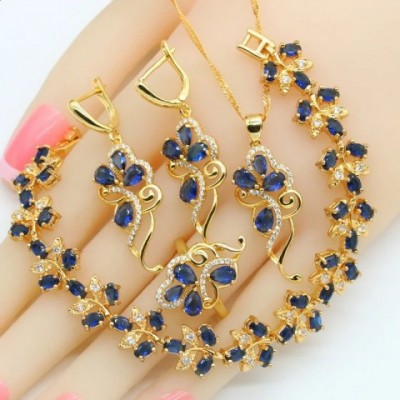 Topaz1 Women's Flower Blue Sapphire 18K Gold-Plated Jewelry Set for Earrings, Necklaces, Rings