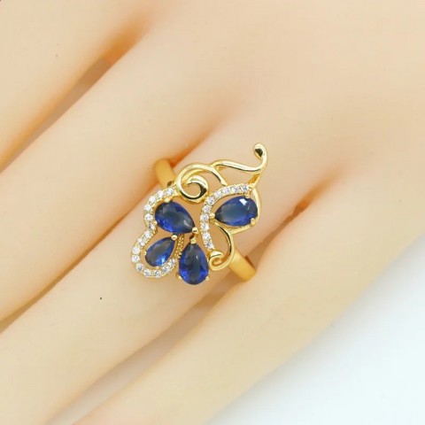 Topaz1 Women's Flower Blue Sapphire 18K Gold-Plated Jewelry Set for Earrings, Necklaces, Rings