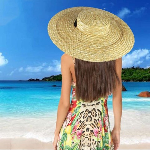 Wide Summer Straw Hat for Women with Long Ribbon and Large Brim