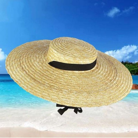Wide Summer Straw Hat for Women with Long Ribbon and Large Brim