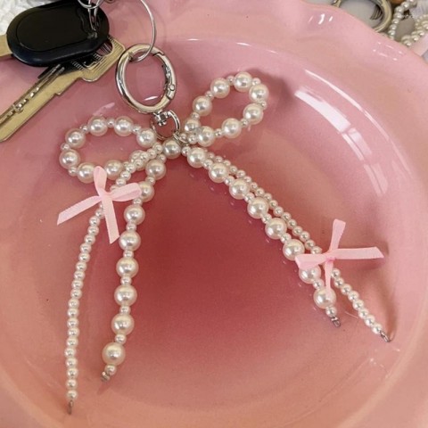 Keychain Set of 2 Sweet Pearl Bow Heart Pendants Y2K Pink for Girls