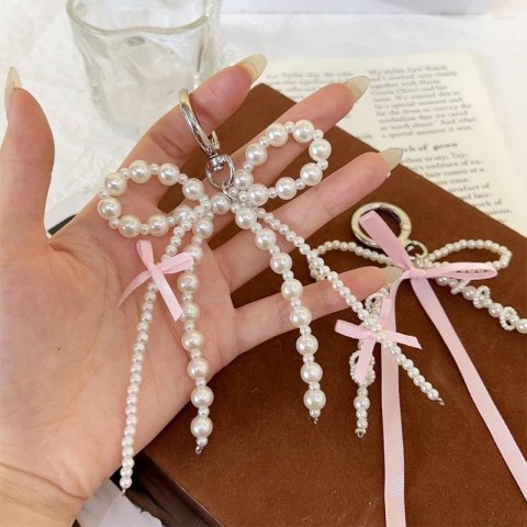 Keychain Set of 2 Sweet Pearl Bow Heart Pendants Y2K Pink for Girls