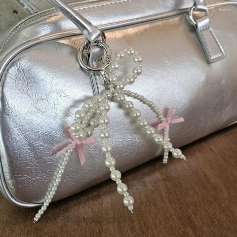 Keychain Set of 2 Sweet Pearl Bow Heart Pendants Y2K Pink for Girls