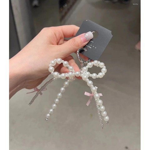 Keychain Set of 2 Sweet Pearl Bow Heart Pendants Y2K Pink for Girls