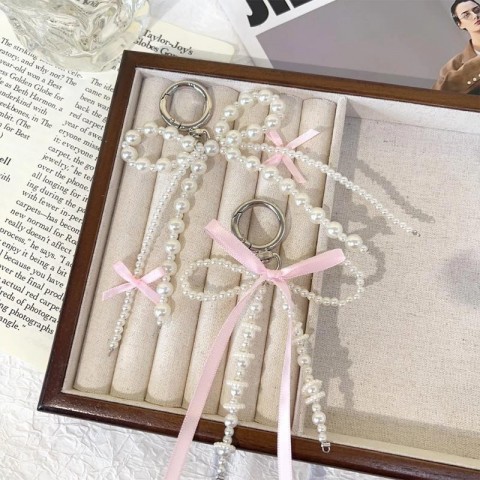 Keychain Set of 2 Sweet Pearl Bow Heart Pendants Y2K Pink for Girls