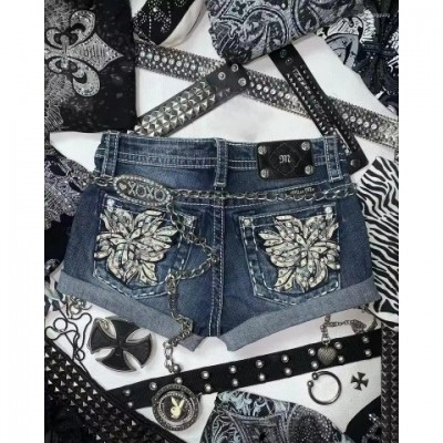 Y2K Women's High Waist Denim Shorts with Embroidered Flowers and Rhinestones
