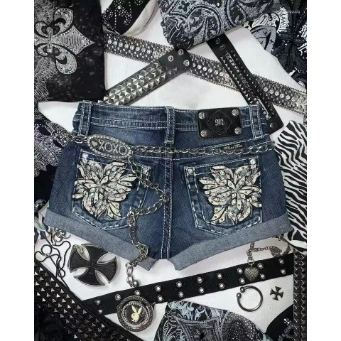 Y2K Women's High Waist Denim Shorts with Embroidered Flowers and Rhinestones