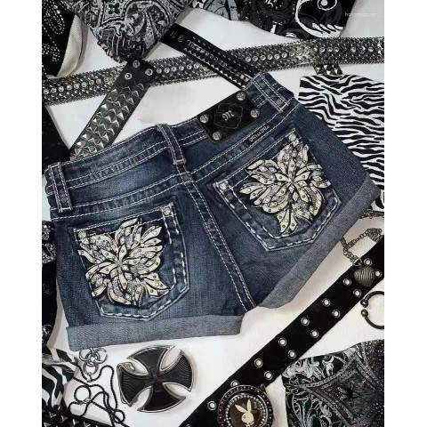 Y2K Women's High Waist Denim Shorts with Embroidered Flowers and Rhinestones