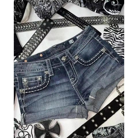 Y2K Women's High Waist Denim Shorts with Embroidered Flowers and Rhinestones