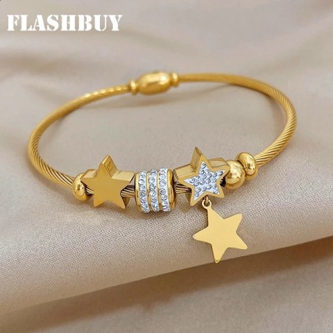 Cuff Flashbuy Gold Star Rhinestone Beaded Bracelet for Women