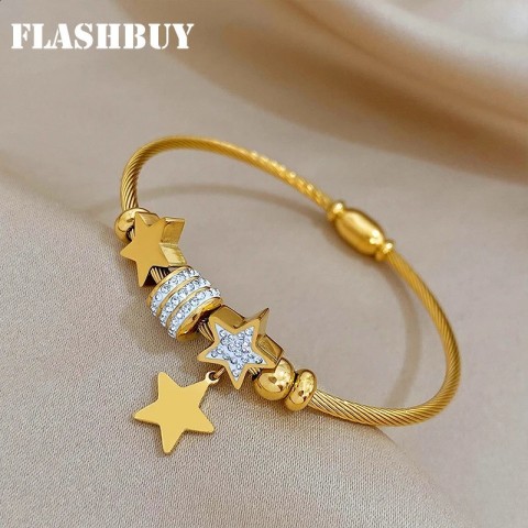 Cuff Flashbuy Gold Star Rhinestone Beaded Bracelet for Women