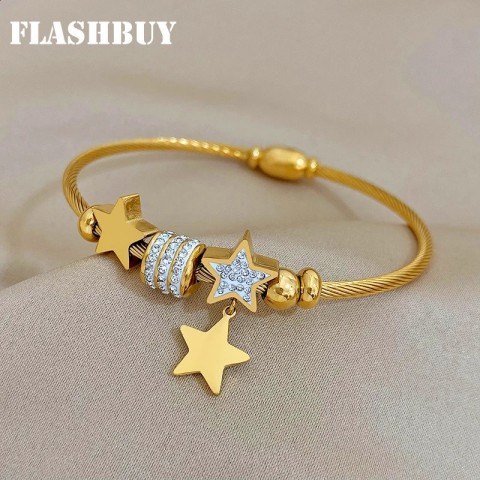 Cuff Flashbuy Gold Star Rhinestone Beaded Bracelet for Women