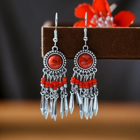 Boho Charm Earrings Women 925 Sterling Silver Multi-layer Rice Beads with Small Iron Bells and Turquoise Drop