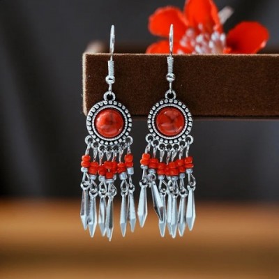 Boho Charm Earrings Women 925 Sterling Silver Multi-layer Rice Beads with Small Iron Bells and Turquoise Drop