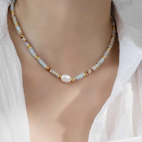 Youfei Women's Minimalist Freshwater Pearl Pendant Necklace with Shoushan Stone Beads