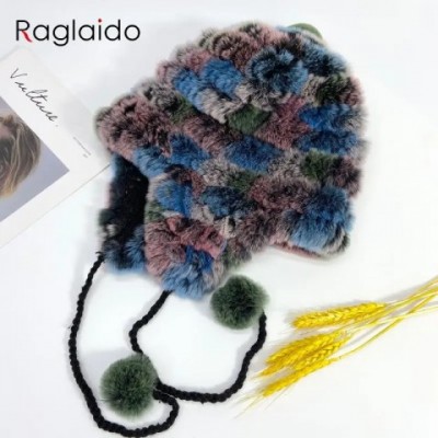 Rabbit Fur Knit Earflap Hat for Women - Warm & Fluffy Multicolor Striped Beanie