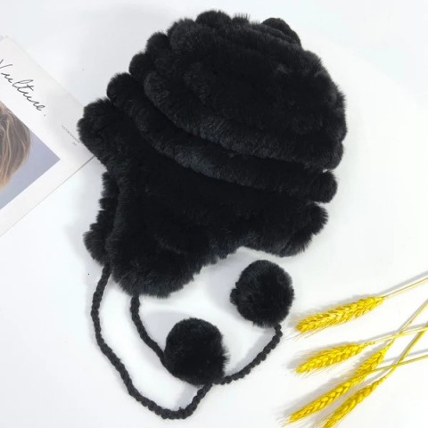 Rabbit Fur Knit Earflap Hat for Women - Warm & Fluffy Multicolor Striped Beanie