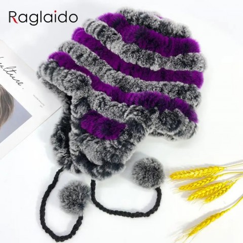 Rabbit Fur Knit Earflap Hat for Women - Warm & Fluffy Multicolor Striped Beanie