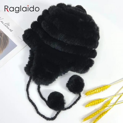 Rabbit Fur Knit Earflap Hat for Women - Warm & Fluffy Multicolor Striped Beanie