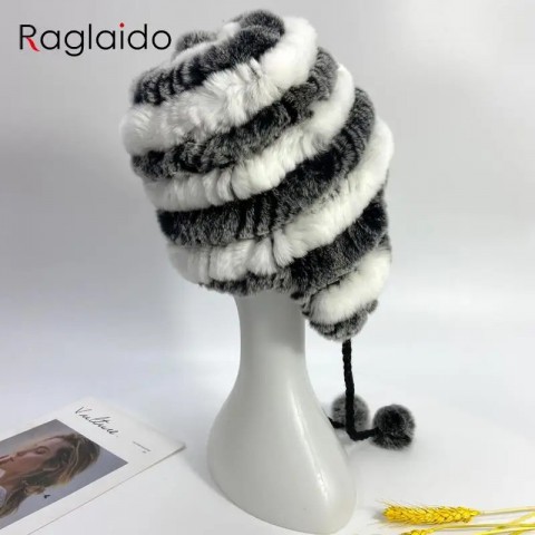 Rabbit Fur Knit Earflap Hat for Women - Warm & Fluffy Multicolor Striped Beanie