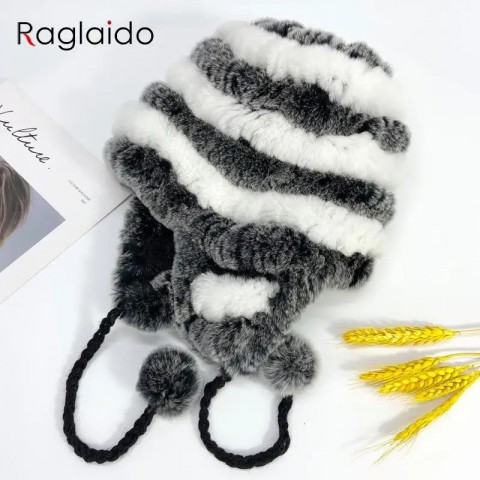 Rabbit Fur Knit Earflap Hat for Women - Warm & Fluffy Multicolor Striped Beanie