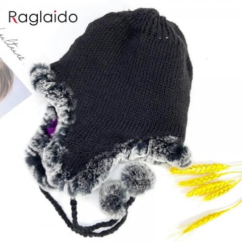 Rabbit Fur Knit Earflap Hat for Women - Warm & Fluffy Multicolor Striped Beanie