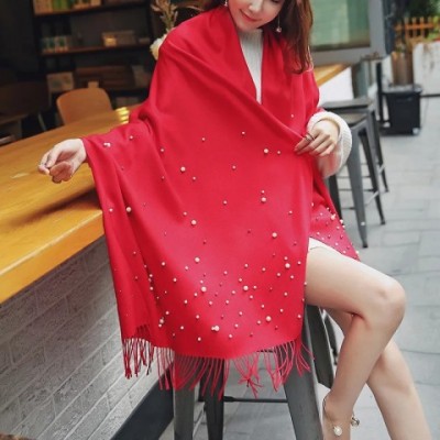 Winter Women's Pearls Tassel Scarf - Long Cashmere Shawl with Beading for Muslim Hijab