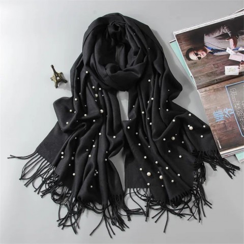 Winter Women's Pearls Tassel Scarf - Long Cashmere Shawl with Beading for Muslim Hijab