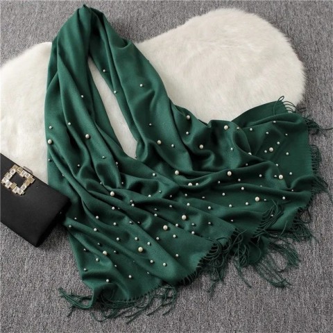 Winter Women's Pearls Tassel Scarf - Long Cashmere Shawl with Beading for Muslim Hijab