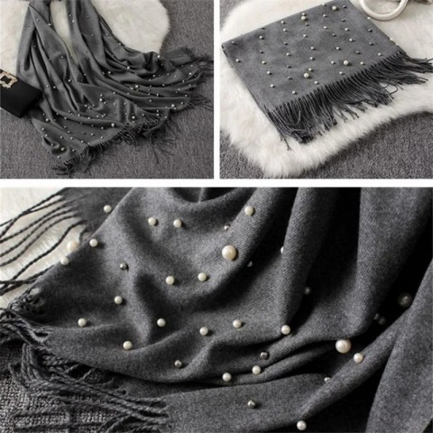 Winter Women's Pearls Tassel Scarf - Long Cashmere Shawl with Beading for Muslim Hijab