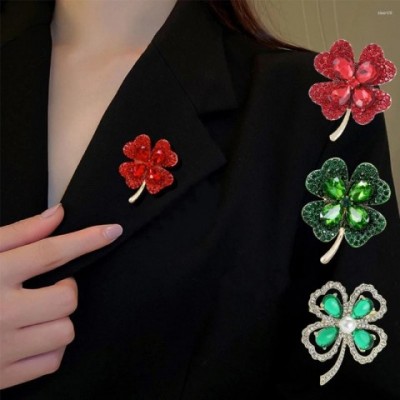 Elegant Green Crystal Four-leaf Clover Brooch
