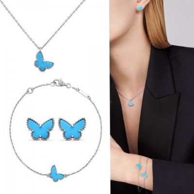S925 Sterling Silver Blue Butterfly Earrings and Necklace Set for Women