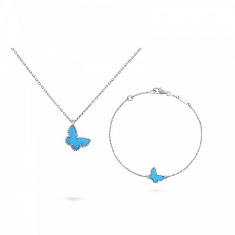 S925 Sterling Silver Blue Butterfly Earrings and Necklace Set for Women