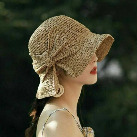 Simple Foldable Wide Brim Straw Hat with UV Protection for Women