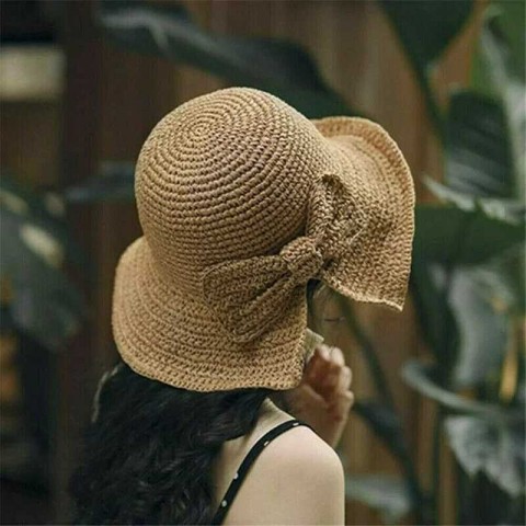 Simple Foldable Wide Brim Straw Hat with UV Protection for Women
