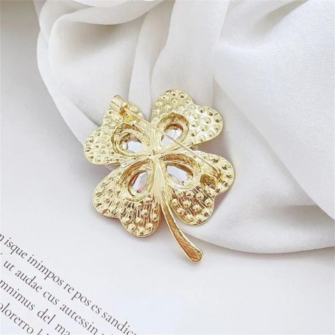 Elegant Green Crystal Four-leaf Clover Brooch