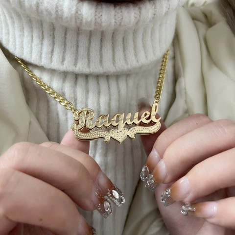 Custom Personalized Double Heart Nameplate Necklace, Handmade Single Tone Pendant, Women's Gift