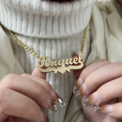 Custom Personalized Double Heart Nameplate Necklace, Handmade Single Tone Pendant, Women's Gift
