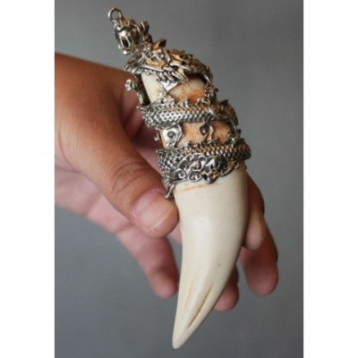 Chinese Antique Silver Dragon Talisman Pendant from Boar's Tooth