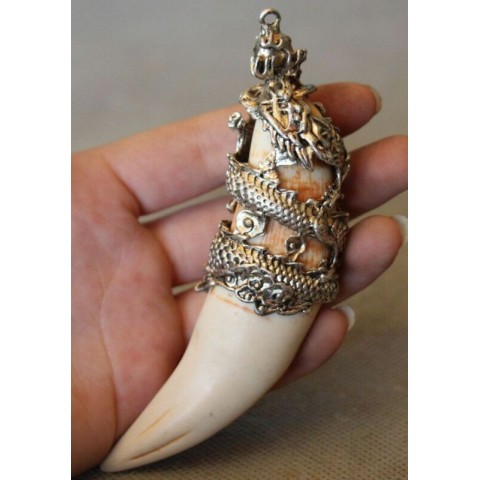 Chinese Antique Silver Dragon Talisman Pendant from Boar's Tooth