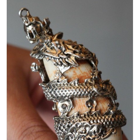 Chinese Antique Silver Dragon Talisman Pendant from Boar's Tooth